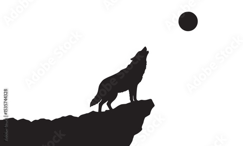 Wolf howling at the moon silhouette. Wolf standing and howling on cliff edge with full moon in background