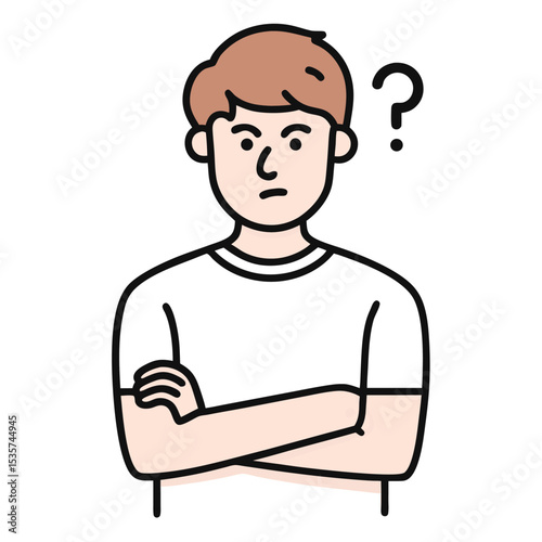 Puzzled young man with arms crossed and a question mark appears above his head