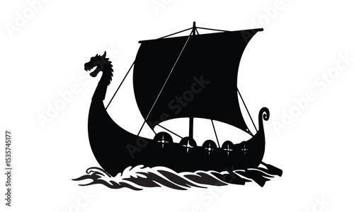 Viking ship on sea silhouette. Silhouette of ancient viking ship with sail and dragon head on ocean waves