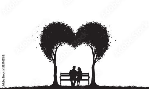 silhouette of romantic couple sitting on bench beneath heart shaped tree in love scene. Couple sitting on bench under heart trees silhouette