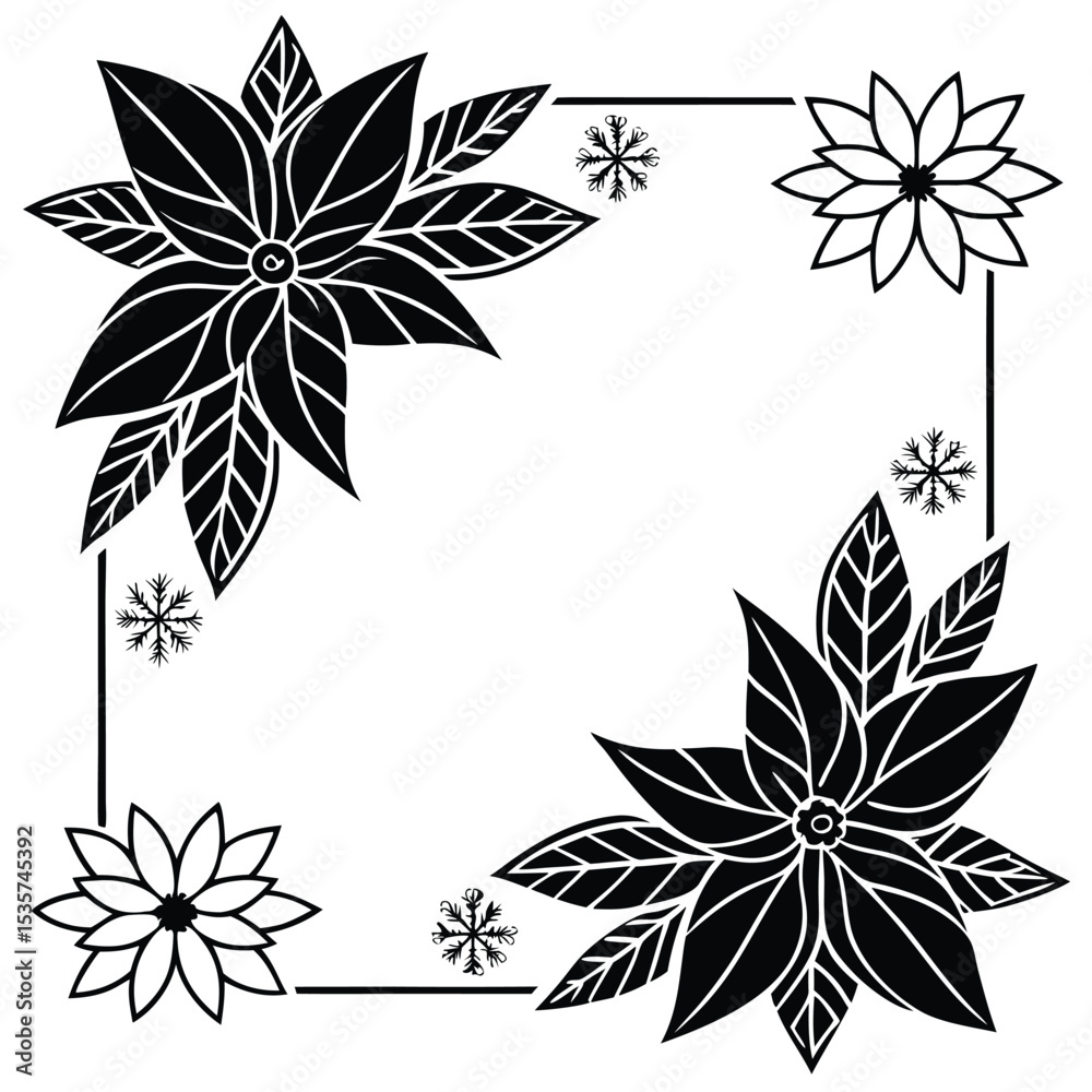 Obraz premium Elegant black and white christmas floral border featuring poinsettia and snowflakes