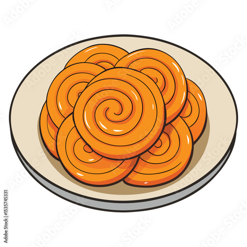 A single, glossy Jalebi, intricately coiled, on a clean background, a sweet and crispy Indian dessert, symbolizing festive treats.