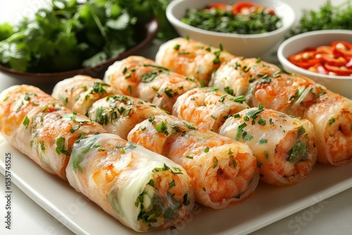Fresh Vietnamese spring rolls served on a white plate with herbs and vegetables in bowls on a bright background