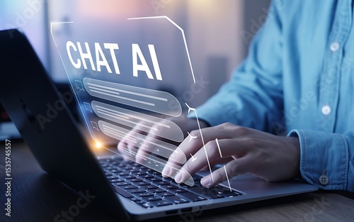 Person typing on a laptop with chat ai overlay on screen showing ai conversation interface display
