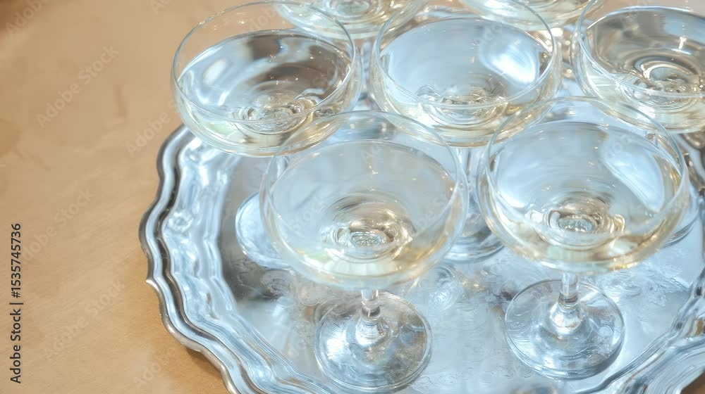 Elegant silver tray holding six champagne glasses filled with sparkling white wine Elegant silver tray holding six champagne glasses filled with sparkling white wine