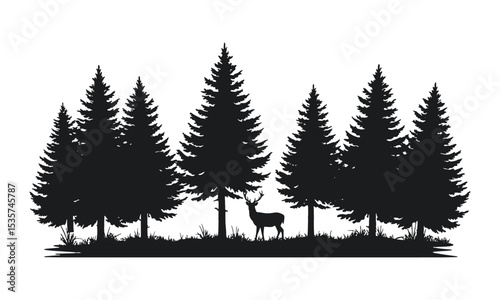 Majestic deer standing calmly within dense pine forest captured as black silhouette. Forest trees with deer silhouette