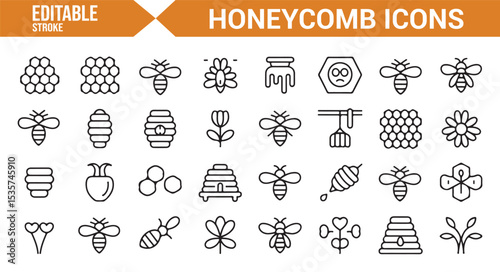 Editable vector icons for honey production, beekeeping, and insect life.

