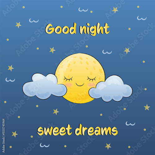 cute postcard clouds moon and stars good night