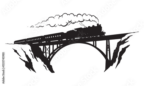Train crossing bridge silhouette. Vintage steam train crossing arched bridge over mountain valley in silhouette vector style