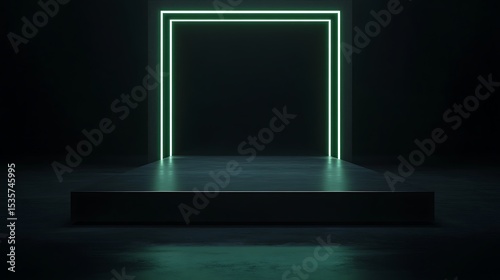 Empty product display platform with neon light frame. Minimalist stage background for presentation, branding, and advertising concept