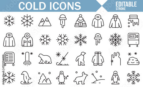 Editable winter icons featuring snow, cold weather, and winter sports equipment.