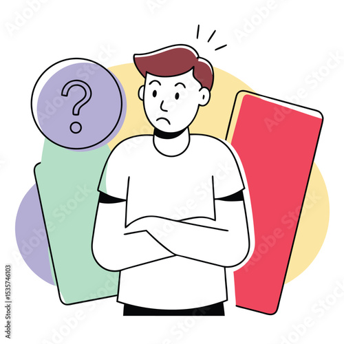 Pensive young man faces uncertainty with crossed arms before colorful abstract shapes