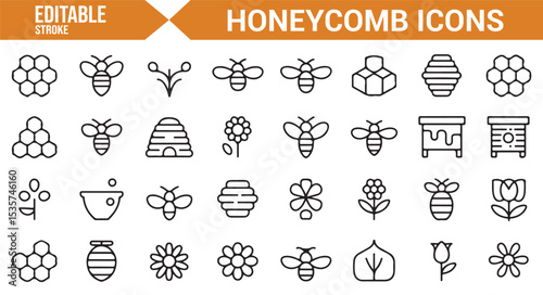 Editable vector icons for honeycomb patterns, bees, and honey elements.