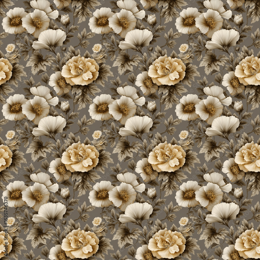 Fototapeta premium Vintage Sepia Floral Seamless Pattern with Warm Tones, Ideal for Classic Home Decor and Digital Art