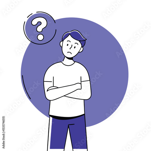 Thoughtful young adult stands with crossed arms facing an enigmatic question mark overhead