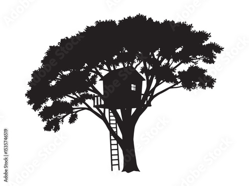 Silhouette of large leafy tree with cozy wooden treehouse perched on sturdy branches. Tree with built-in treehouse silhouette