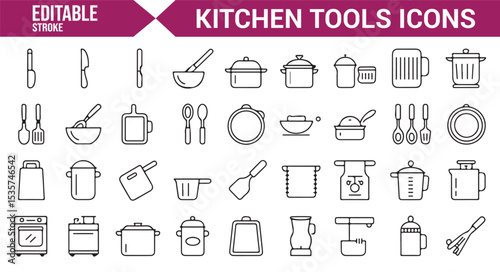 Vector icons for cooking utensils, kitchen gadgets, and meal preparation tools.

