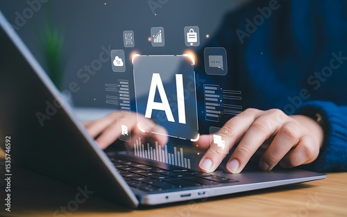 Person using laptop with ai interface and icons hovering above the keyboard on a wooden desk