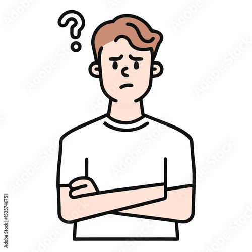 Doubtful young man wonders with arms crossed and a question mark above his head