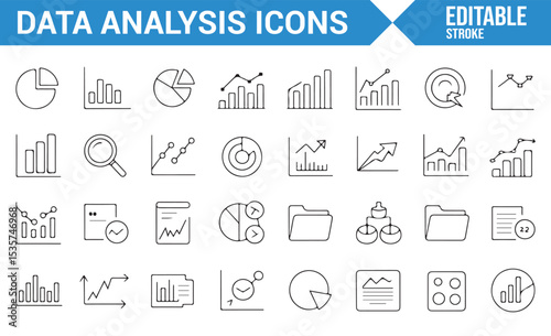 Icons for business analysis, performance tracking, and data visualization in editable format.