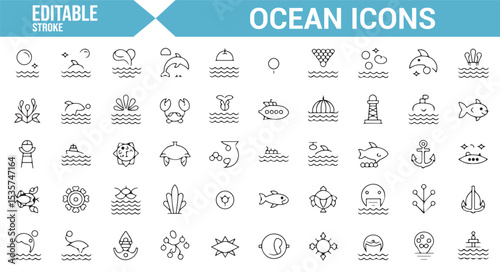Editable vector icons depicting sea life, beaches, and marine animals.