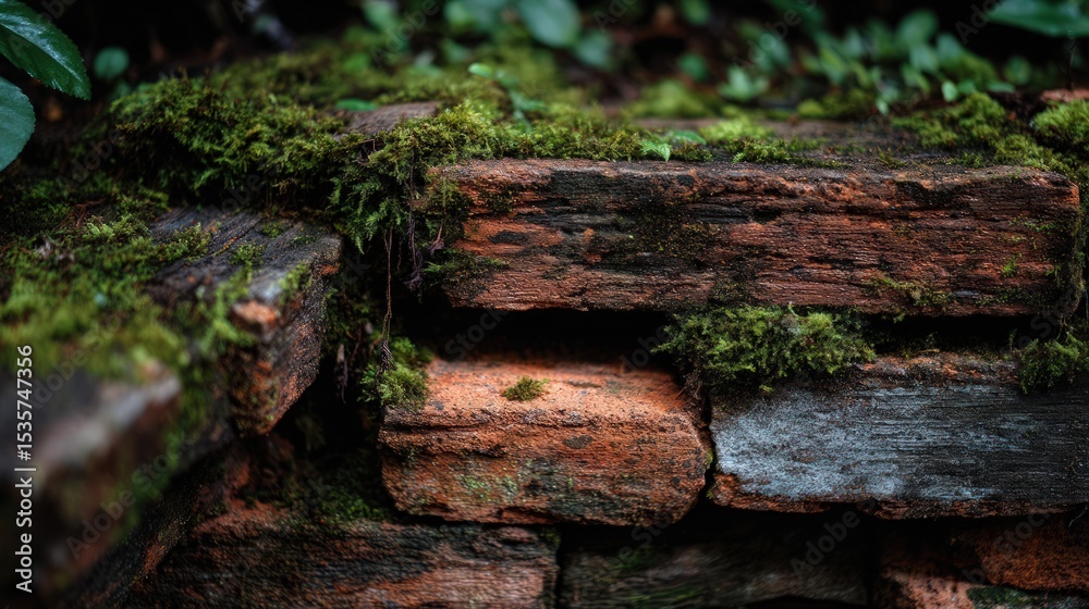 Fototapeta premium Close-up view of moss-covered ancient brickwork.
