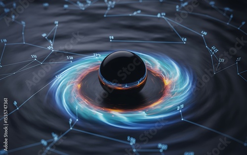 A black sphere surrounded by swirling blue and orange light with connecting lines and data points