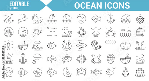 Editable icons for marine life, sea creatures, and beach settings in vector format.
