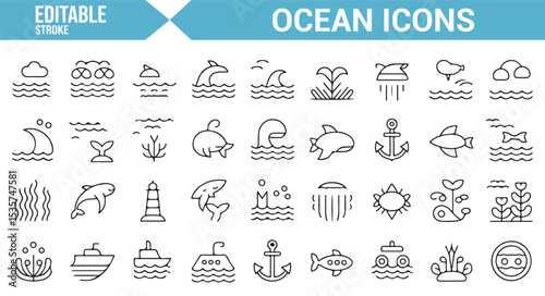 Ocean and marine vector icons for digital design, including boats, waves, and sea creatures.