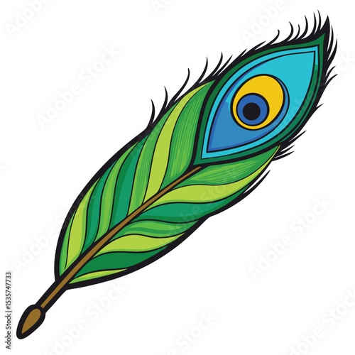 A single, polished peacock feather, vibrant and iridescent, symbolizing beauty, grace, and cultural significance with its stunning colors.