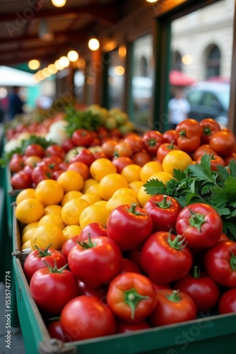 Colorful array of fresh produce at farmers market stall, market, fruits