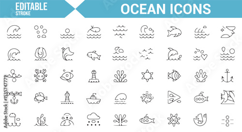 Editable vector icons for ocean, marine life, and underwater creatures in a clean design.