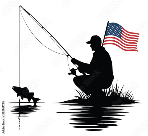 Patriotic Fisherman Silhouette American Angler Fishing Illustration