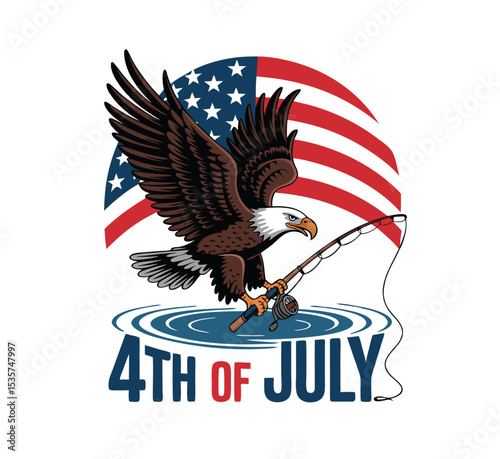 Patriotic Bald Eagle Fishing 4th of July American Illustration