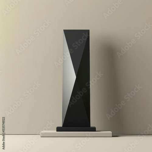 A sleek black geometric sculpture with sharp angles stands on a minimalist beige pedestal against a neutral-toned wall with subtle texture.