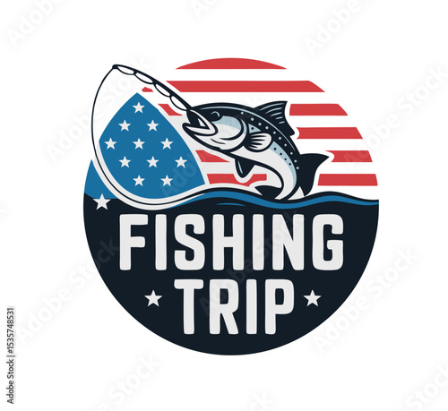 Patriotic Fishing Trip Logo Design American Flag, Fish, and Fishing Net
