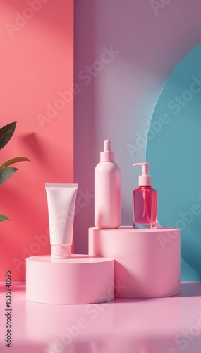 Minimalist geometric stand for cosmetics with empty podium, showcase, stand