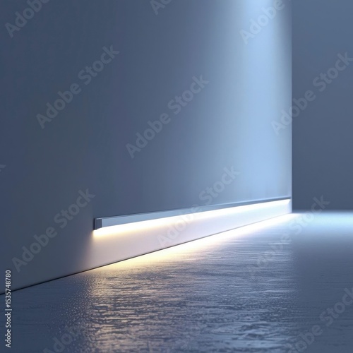 Minimalist hallway corner with sleek LED strip lighting along the base of a wall, casting a soft glow on the textured floor.