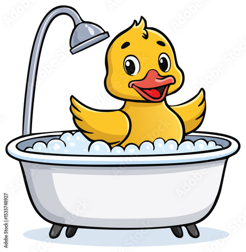 Cute cartoon yellow duckling in a bubble bath, isolated 
