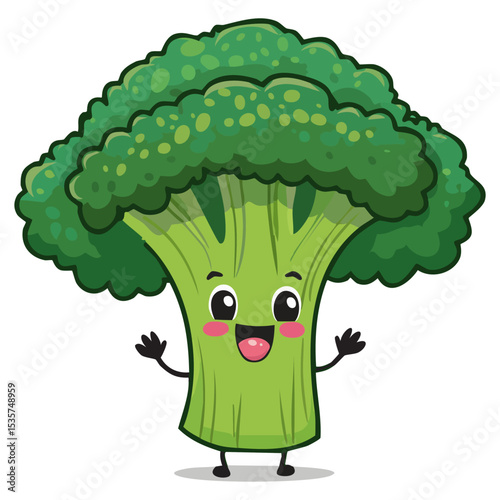 Funny cartoon broccoli character with happy face, isolated 