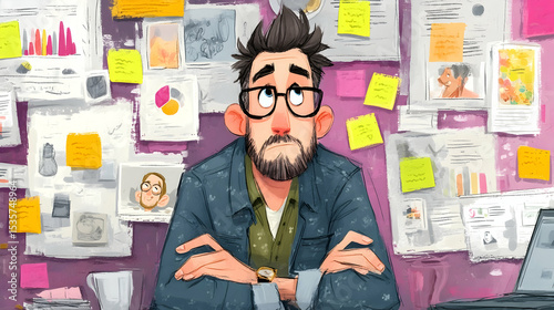 Man Thinking at Desk Surrounded by Notes and Papers Artwork