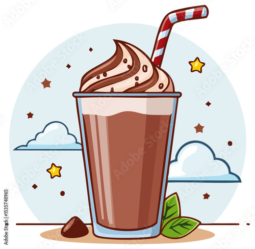Chocolate milkshake with straw clipart illustration, isolated 