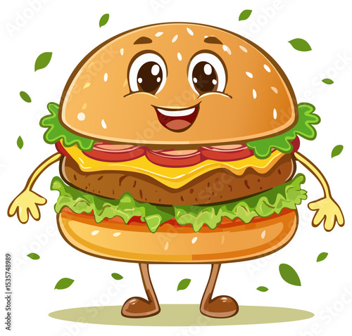 Cartoon cheeseburger character with happy face, isolated 