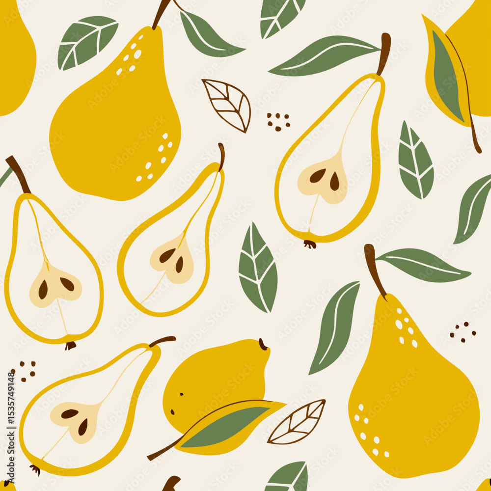 Obraz premium Seamless Pattern: Yellow Pears & Green Leaves