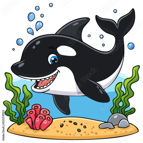 Cute cartoon orca in the sea clipart, isolated 