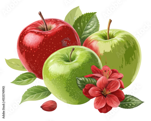 A variety of fresh apples with red flower