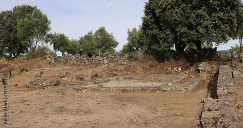 Roman ruins of Caparra with view of temple bases in the ancient forum.