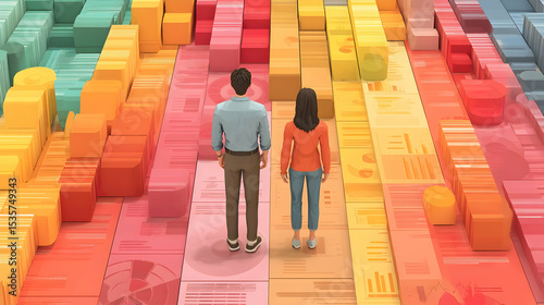 People Standing on Abstract Data Visualization Landscape