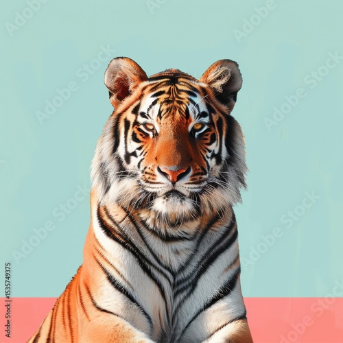 A majestic tiger with striking orange and black stripes poses against a pastel blue and pink geometric background.