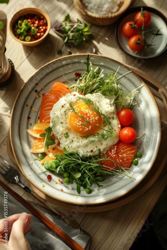 A beautifully plated dish featuring a sunny-side-up egg atop rice, accompanied by fresh salmon, cherry tomatoes, peas, and greens, with sauces and spices on the side.
